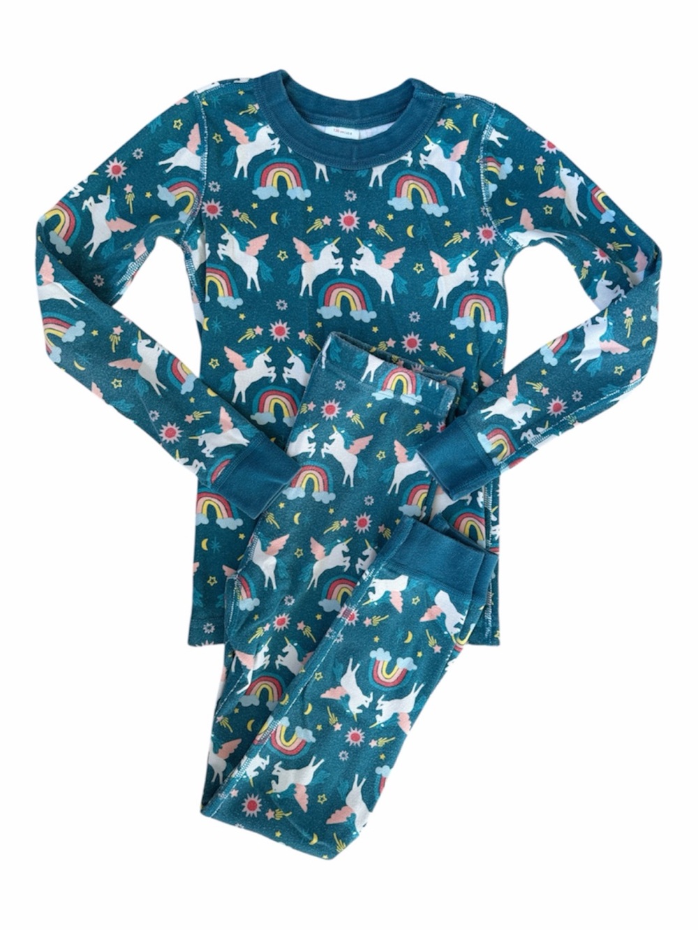 Hanna Andersson Girl’s Teal Unicorn & Rainbow Cotton Snug-fit Pajama Set